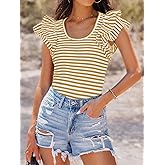 ZESICA Women's Ruffle Short Sleeve Striped T Shirts Summer Scoop Neck Slim Fitted Causal Basic Tee Tops