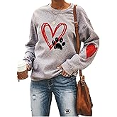 XIWUKOD Love Heart Dog Paw Sweatshirts Dog Mom Pullover Tops Women Long Sleeve Sweater Blouse
