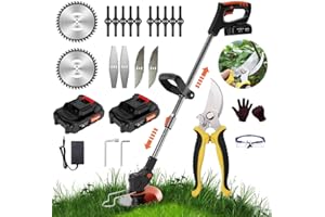 DOMPOU Weed Wacker 24V Brush Cutter, Electric Weed Wacker Cordless String Trimmer with 2 Batteries, Charger, 3 Types Blades, Weed Wacker Battery Powered, Lightweight Battery Weed Wacker