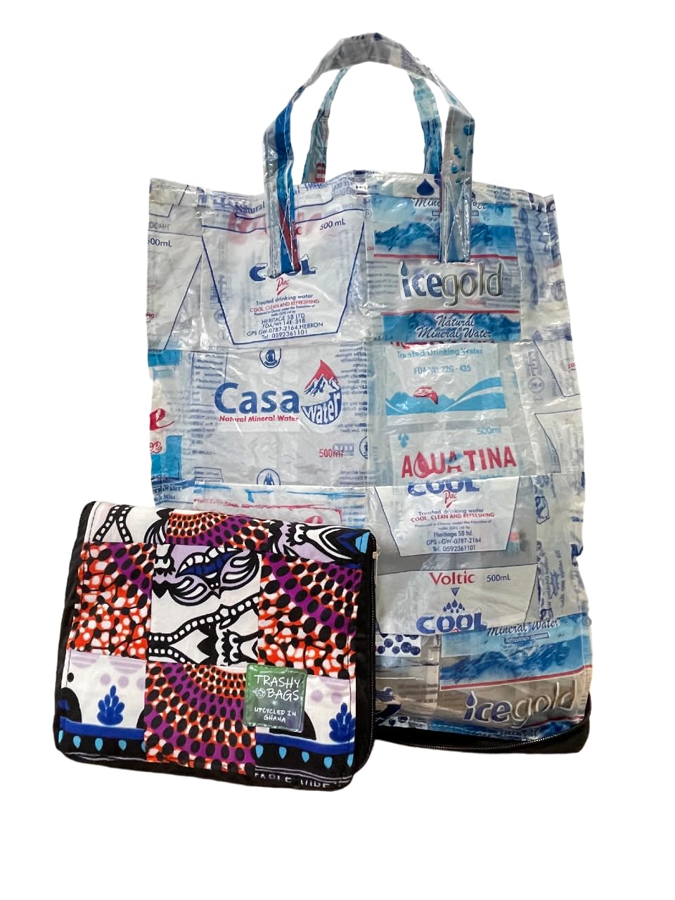 Trashy Bags Africa - Smart Shopping Bag - Upcycled Plastic and Fabric Off-Cuts - Handcrafted Fabric Outer - Zips to Compact - 18KG Capacity - Water Resistant