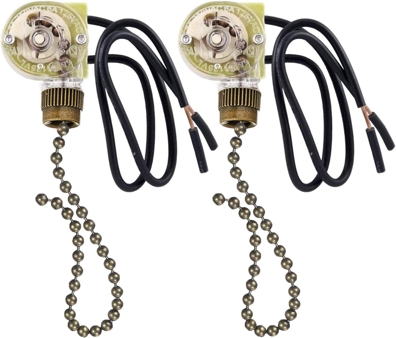 2 Pack Fan-Light Switch & Pull Chain, Electrical Pull Chain Switch, ON-Off, 6 A/125V AC, 6 inch Wire Terminal (Antique Brass Pull Chain) - - 