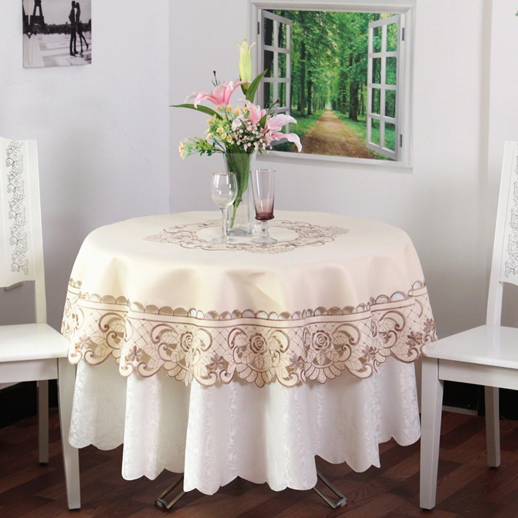 QXFSMILE Embroidered Floral Fabric Classy Cutwork Round Tablecloth Beige Round 70 Inch