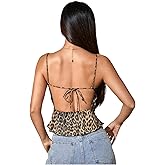 MakeMeChic Women's Satin Silk Cheetah Print Tank Top Tie Open Back Going Out Crop Tops
