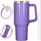 QDXMD 40 oz Tumbler with Handle and Flip Straw Lid, Vacuum Insulated Leak Proof Double Walled Stainless Steel Glitter Travel Mug Tumblers, Maintains Cold Ice and Heat for Hours(Purple)