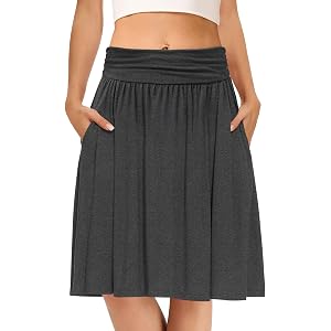 DB MOON Women Midi Skirts Knee Length Flowy Pleated High Waist Skirt | A-Line Ruched Summer Elastic Waisted Skirt with Pocket