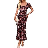 ZESICA Women's Summer Floral Bodycon Maxi Dress 2026 Square Neck Mesh Ruffle Elegant Cocktail Wedding Party Long Dresses