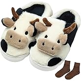 Poneneo Cow Slippers for Women Cartoon House Slippers Fluffy Cute Animal Slippers Cow Slides Warm Soft Plush Lined Shoe