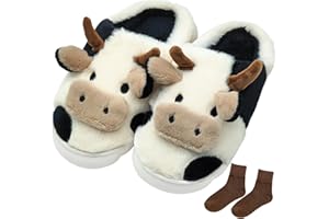 PONENEO Cow Slippers for Women Cartoon House Slippers Fluffy Cute Animal Slippers Cow Slides Warm Soft Plush Lined Shoe