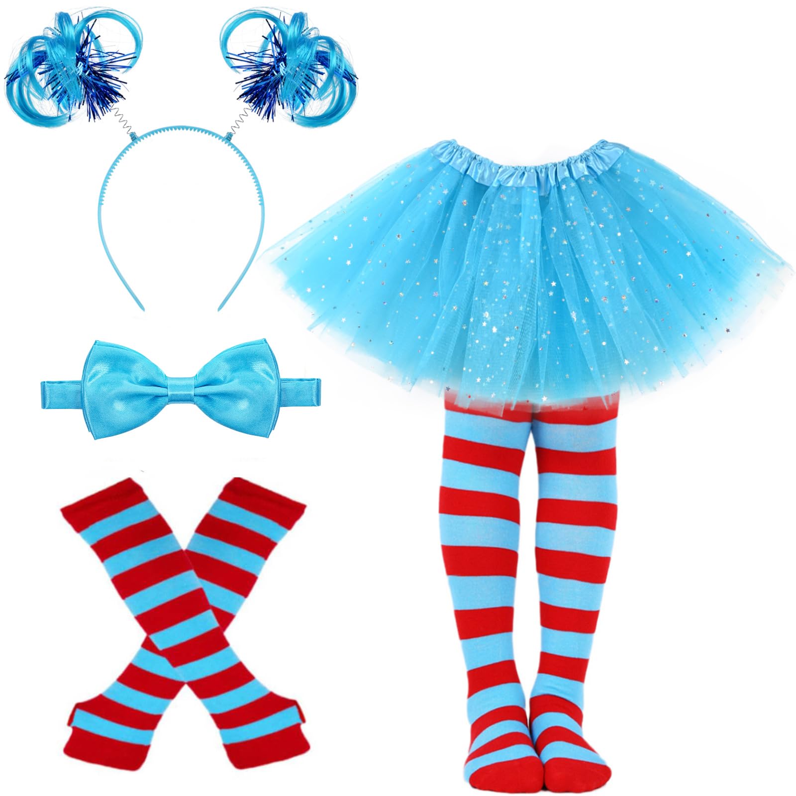 Kavoc 4Pcs World Book Day Blue Tutu Costume with Headband Bow Tie Glitter Tutu Skirt Gloves Knee-High Socks