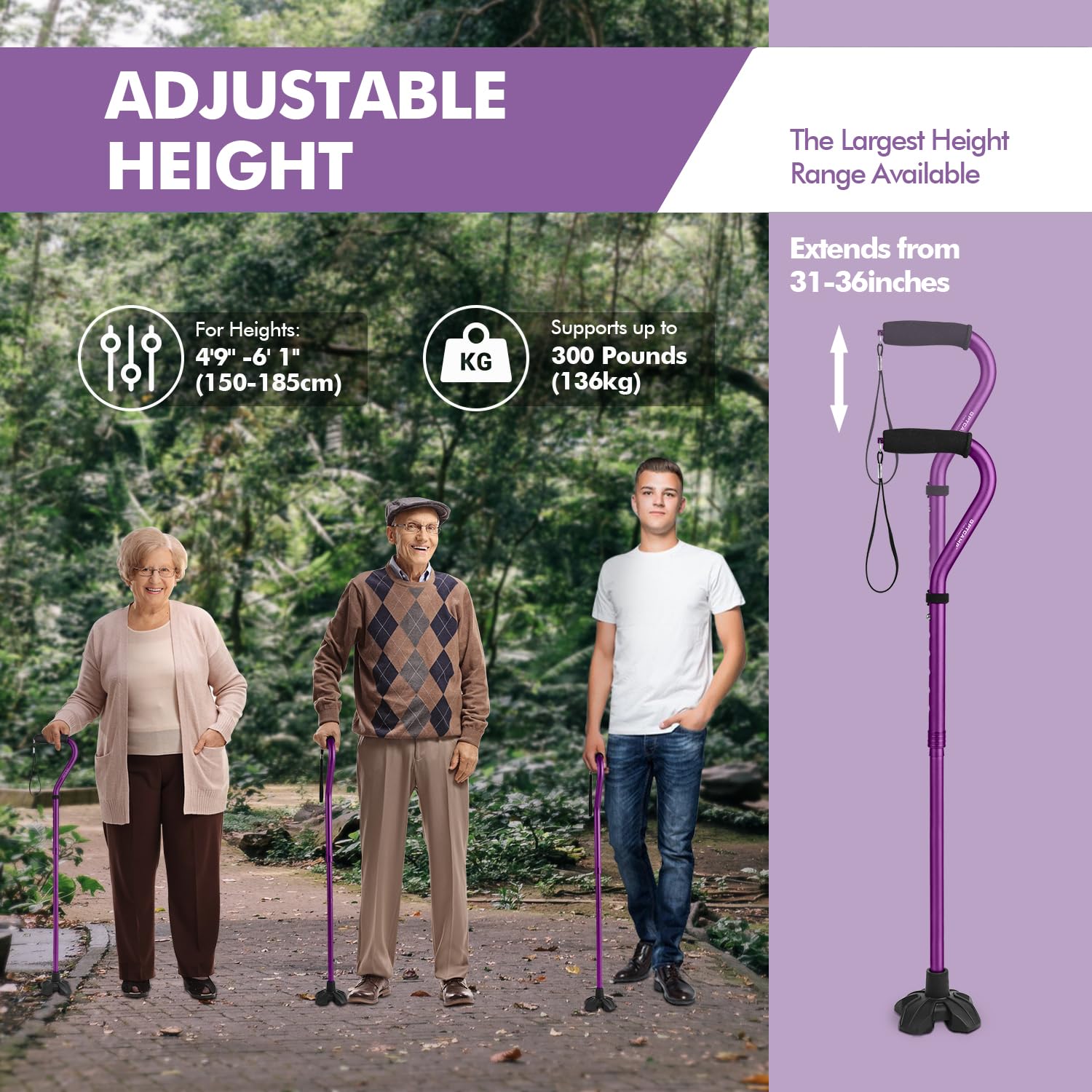 GPTCAMP G1 Walking Stick, Walking Cane for Women & Men with Wrist Strap, Lightweight & Sturdy Offset EVA Handle, Large Quad Base, Self Standing for Seniors and People with Injuries & Recovery