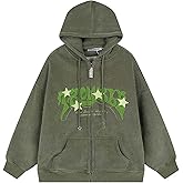 Sumleno Y2K Zip Up Hoodie Letter Print Star Graphic Grunge Hooded Corduroy Sweatshirt Jacket Oversized Retro Y2k Clothing