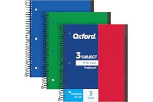 Oxford Spiral Notebook 3 Pack, 3 Subject, Wide Rule, Durable Plastic Covers, Strong Coil, 3 Durable Pockets, 8.5 x 11, 150 Sh