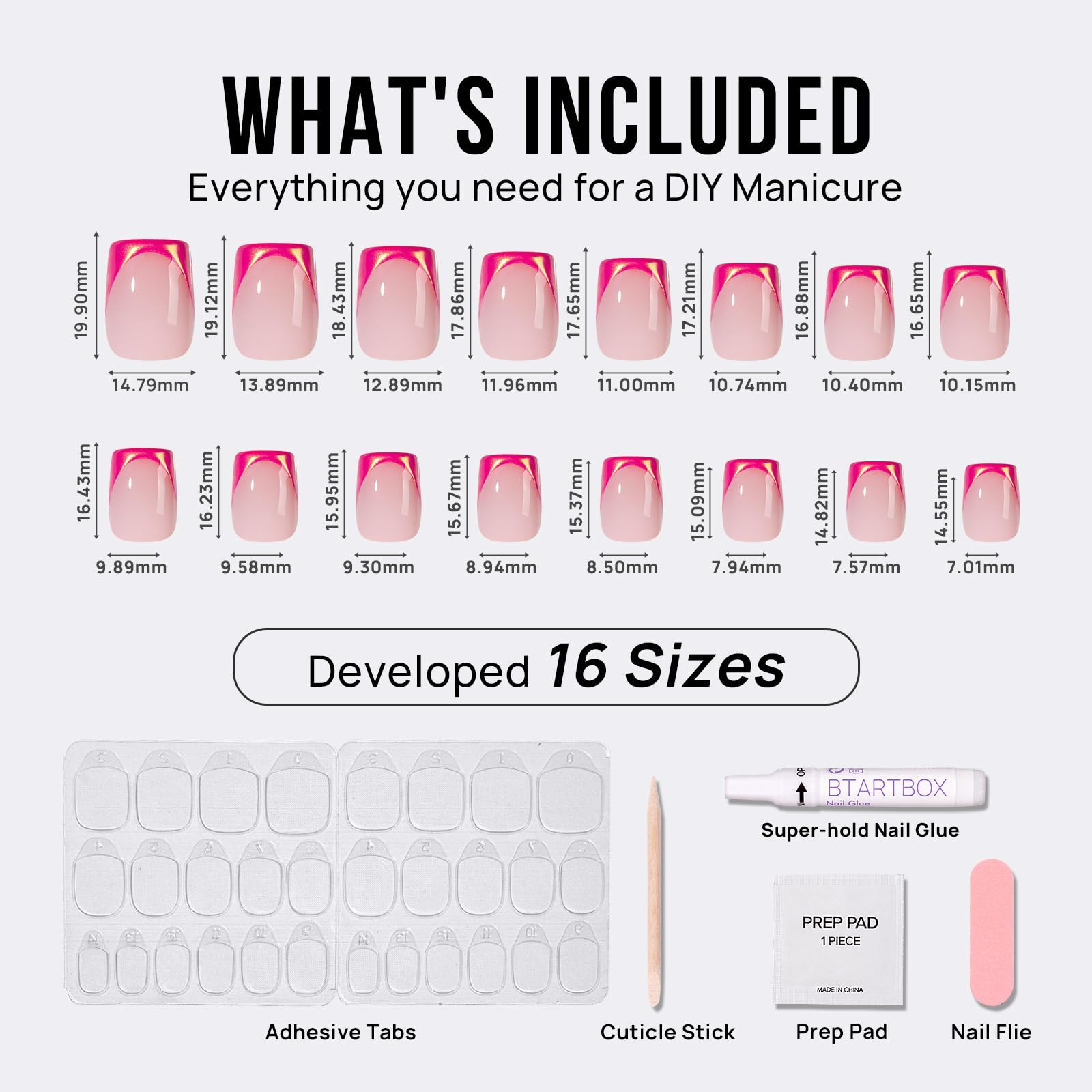 BTArtbox French Tip Press On Nails - Trendy Short Square Fake Nails with Metallic Chrome Pink Color, Reusable Glue On Nails in 16 Sizes for Christmas Gift, Metallic Petal - Image 6