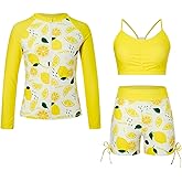 Funnycokid Girls Swimsuit 3 Pieces Zip Rash Guard Bathing Suits Set Kids Bikini Boyshort Summer Swimwear 3-14 Years