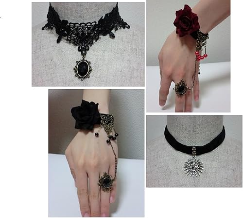 Amazon Treple レオン マチルダ チョーカー風ネックレスと黒薔薇レースチョーカー アンティーク風ブレスレット ４点セット B547 チョーカー 通販