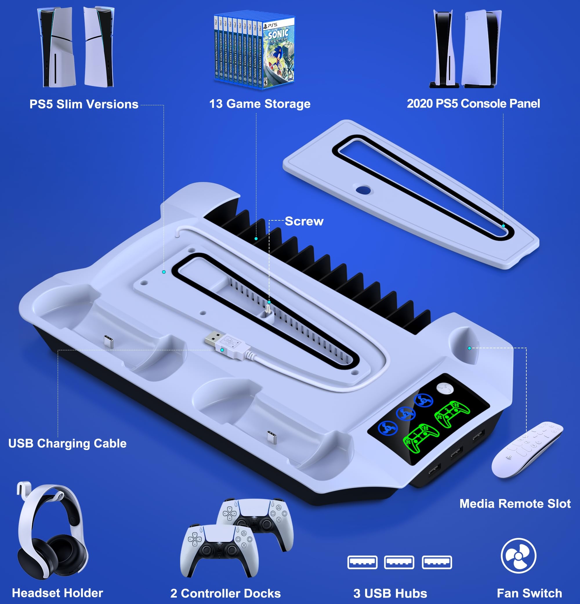PS5 Slim Stand and Turbo Cooling Station with Controllers Charger Station for Playstation 5, PS5 Pro Console Accessories with 3 Levels Cooling Fan 13-Game Organizer Headset Holder for PS5 Digital/Disc