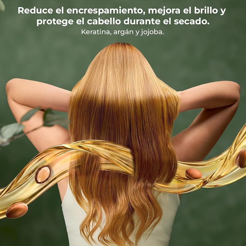 Secador de Pelo Compacto IoniCare Dry&Keratin Cotton Candy. 1200W, 107000RPM, Motor Brushless, Función Iónica, Cabezal con Tecnología NutriEssence y Púas Duras, Cabezal Concentrador, Rosa
