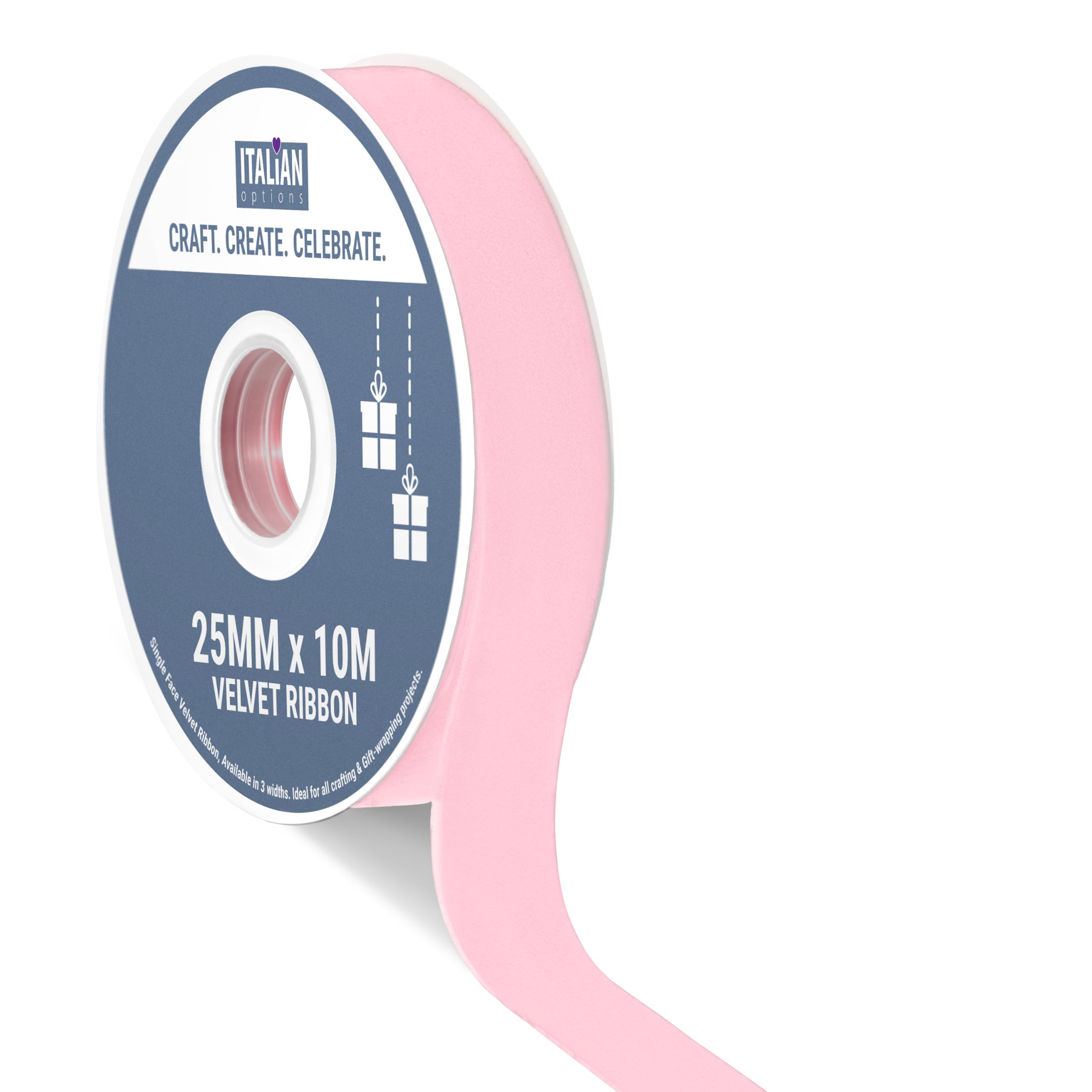 Italian Options Velvet Ribbon, Luxury, Single-Face Velvet Ribbon for Crafting, Christmas, Bows, Hair, Cakes, Weddings, Ornaments, Gift Wrapping, Flowers, 25mm x 10 Metre Roll, Soft Pink