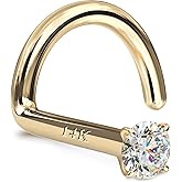 GEMQUEEN 14K Gold Nose Rings Studs : Solid Gold 18G 20G 22G Screw Nose Rings Simulated Diamond CZ Nose Studs Hypoallergenic Nose Piercings for Women Men