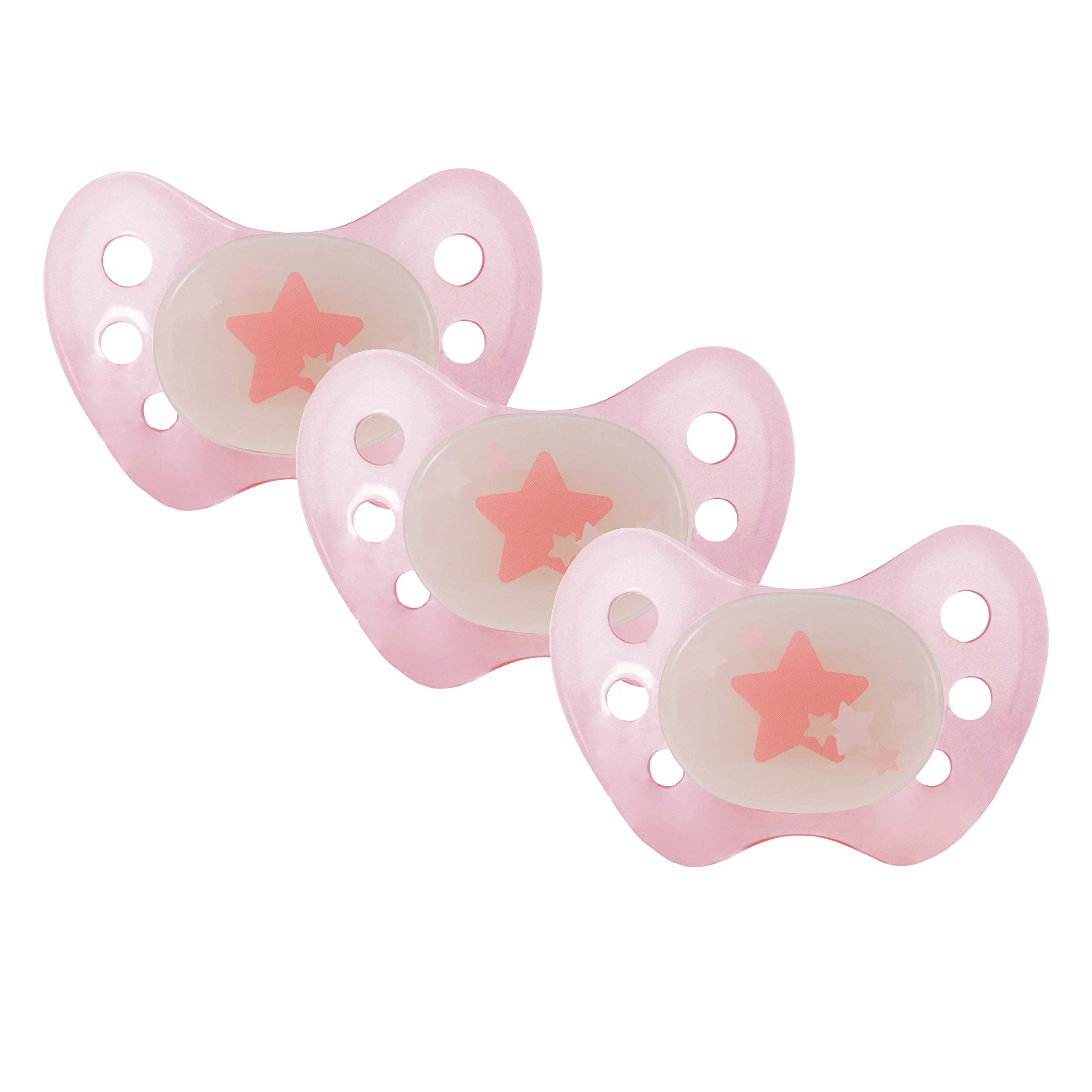 dentistar Night Silicone Soother Set of 3 - Size 3, from 14 Months - Silicone Soother with Dental Step - Glow in The Dark Baby Dummy - Made in Germany - Star, Pink