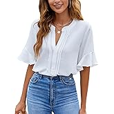BMJL Womens White Blouses Chiffon Ruffle Short Sleeve V Neck Business Casual Tops Summer Cute Shirt