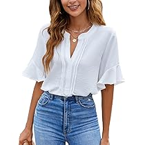 BMJL Womens White Blouses Chiffon Ruffle Short Sleeve V Neck