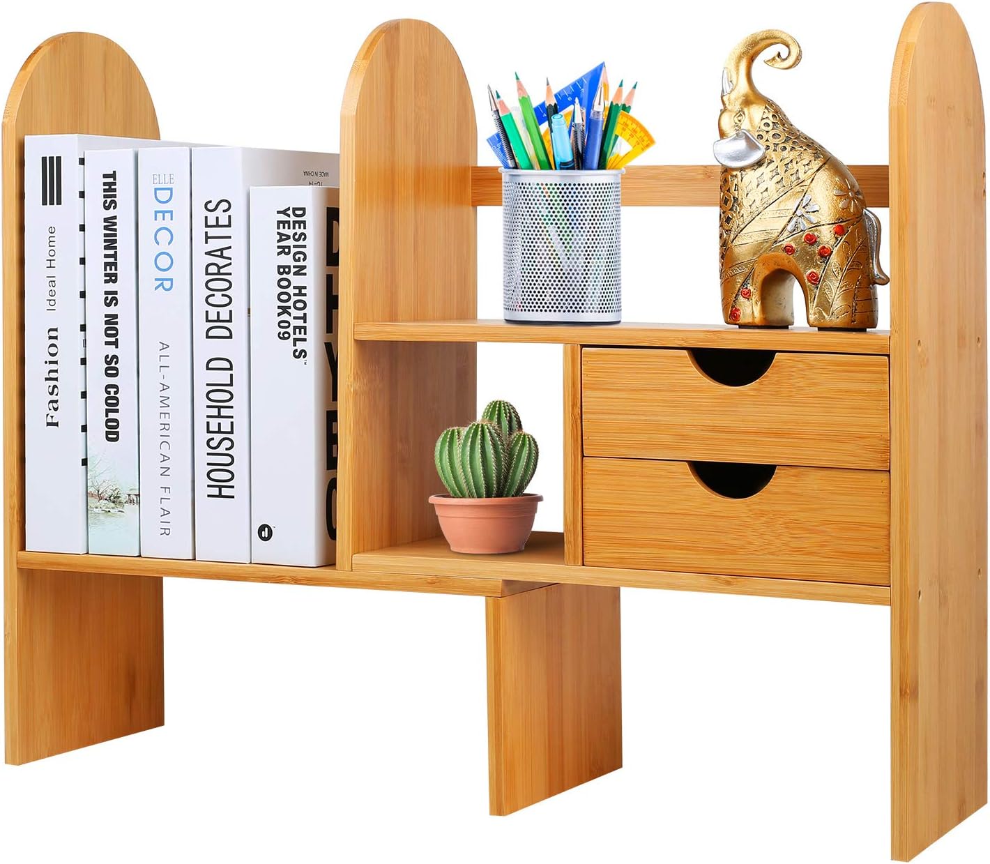 Hossejoy Bamboo Adjustable Desktop Bookshelf Counter Top Bookcase Desk Organizer with Drawers