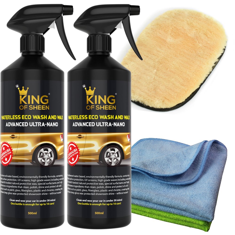 King of Sheen, Advanced Ultra Nano Waterless Car Wash and Wax Car Cleaner with Nano Polymers for Unbeatable Protection and Lasting Shine,(2 x 1 Litres) + 2 Microfibre Cloths Lamb’s Wool Buffing Mitt