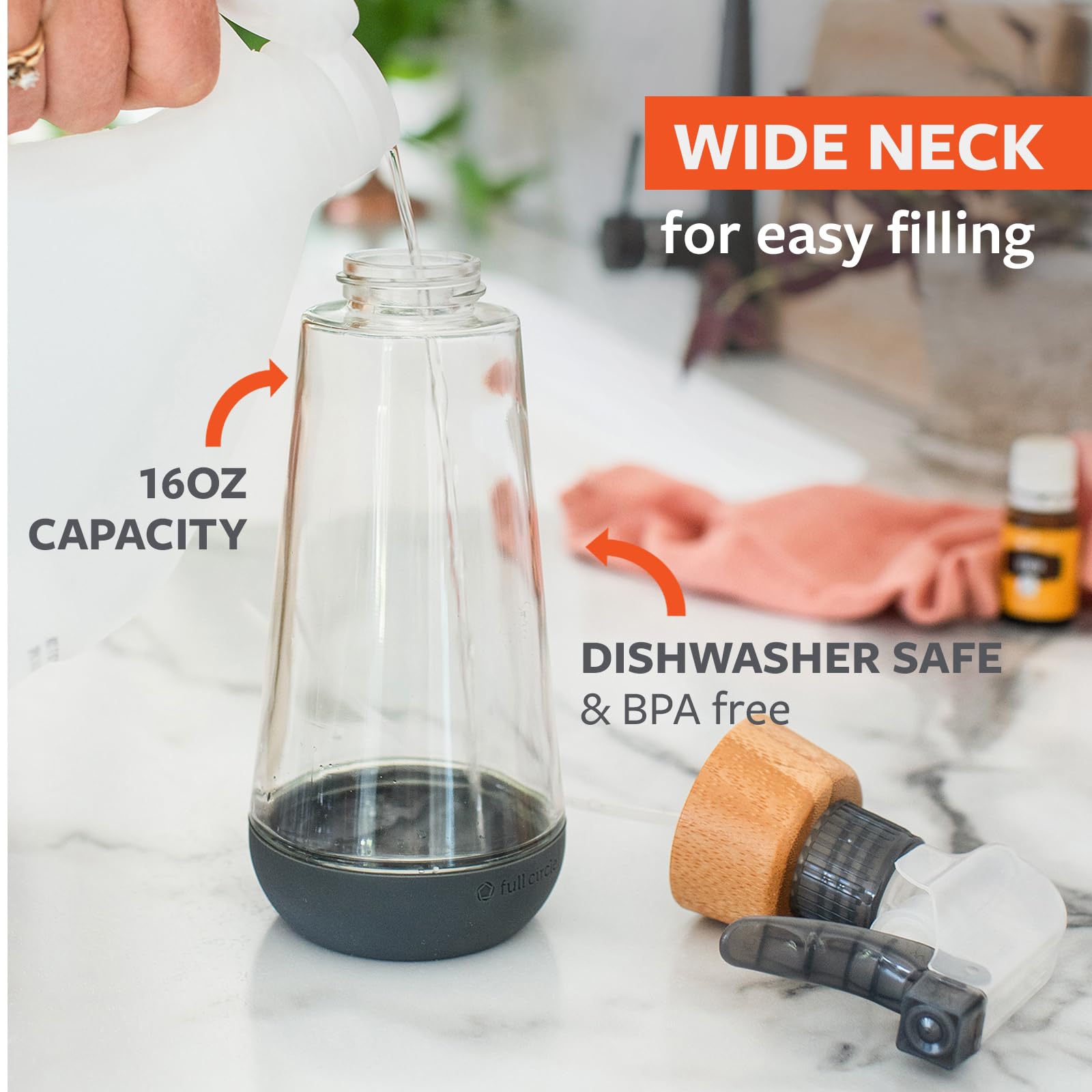 Full Circle Bottle Service-Refillable Glass Spray Bottle for Cleaning -Versatile Stream & Mist Options, Bamboo, Silicone Boot- Ideal for Non-Toxic Solutions & Plant Care, 16oz, Gray