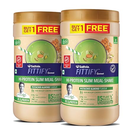 Saffola FITTIFY Gourmet Hi-Protein Slim Meal Shake - Pistachio Almond, 420 gm (Buy 1 Get 1 Free)