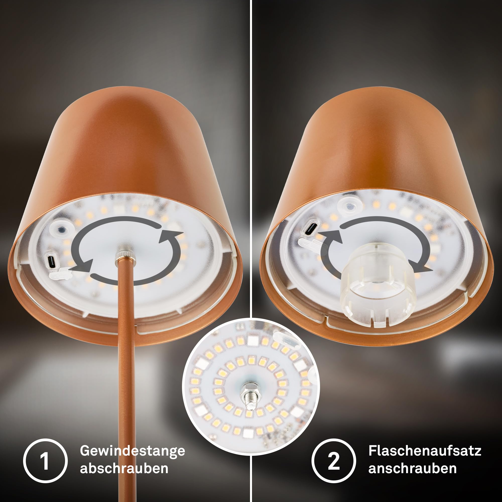 BRILONER - 3 in 1 RGBW LED Tischlampe kabellos IP44 mit Touch, dimmbar, Akku & Lichtquelle tauschbar, Nachttischlampe, Leselampe, Campinglampe, Tischleuchte, Akku Lampe, 36x12 cm, Bronzefarbig 8