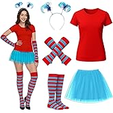 SHUASLE 5 Pcs Tulle Tutu Costume Accessories Set Women T Shirt/Striped Socks/Tutu Skirt/Blue Headband/Stretchy Gloves