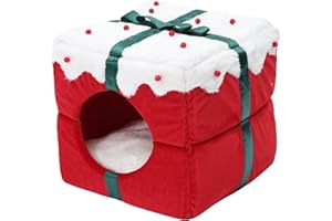 Cat Nest, Cat Beds Christmas Box Shape Rabbit Bed 14x14x14 Large Guinea Pig Hideout Plush Warm Bunny Hut Cave with Removable 