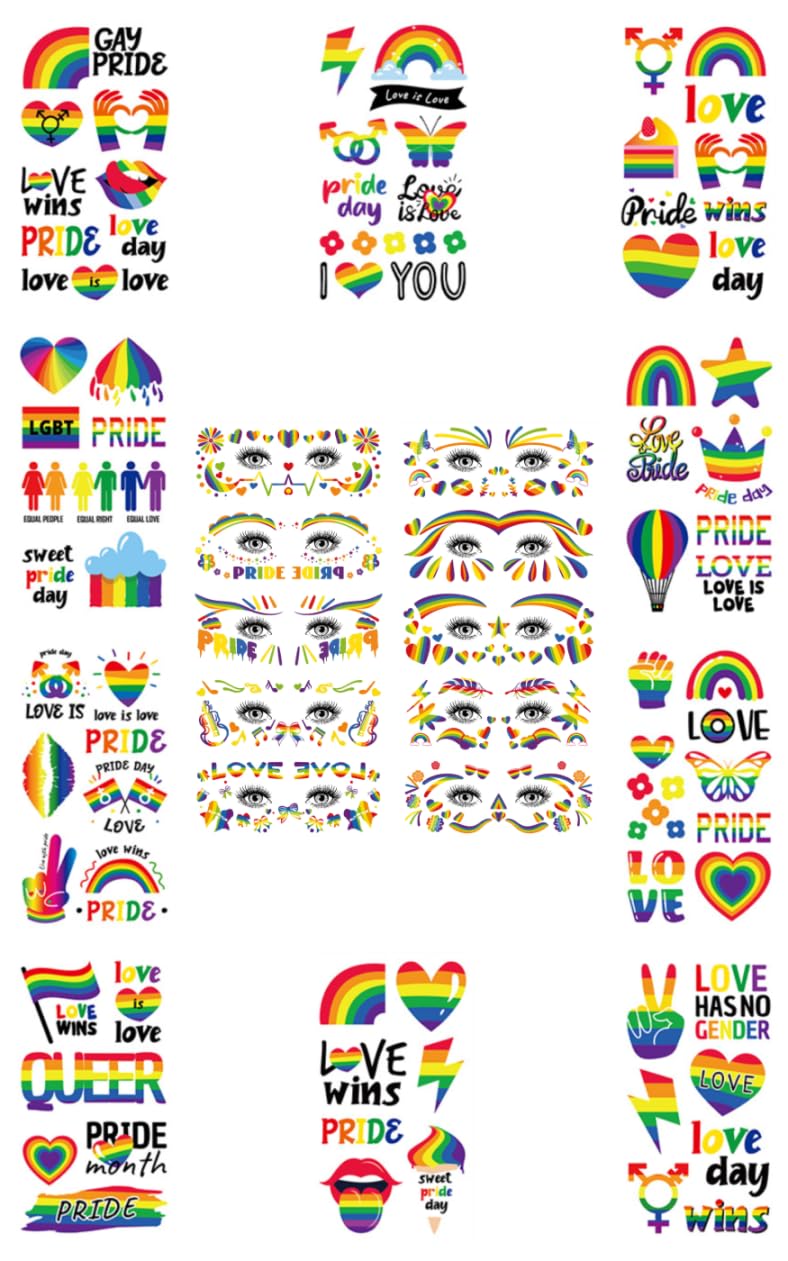 20 sheets Of Face and Body Temporary Tattoos Stickers Designs With Colourful Rainbow Perfect For LGBTQ Gay Pride Month celebrations, Parties Events.