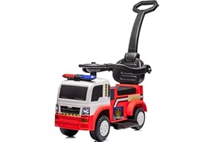Hikiddo Baby Push Car for Toddlers with Handle, 6V toddler Ride On Car for Kids Fire Truck with Siren, Horn- Red&White