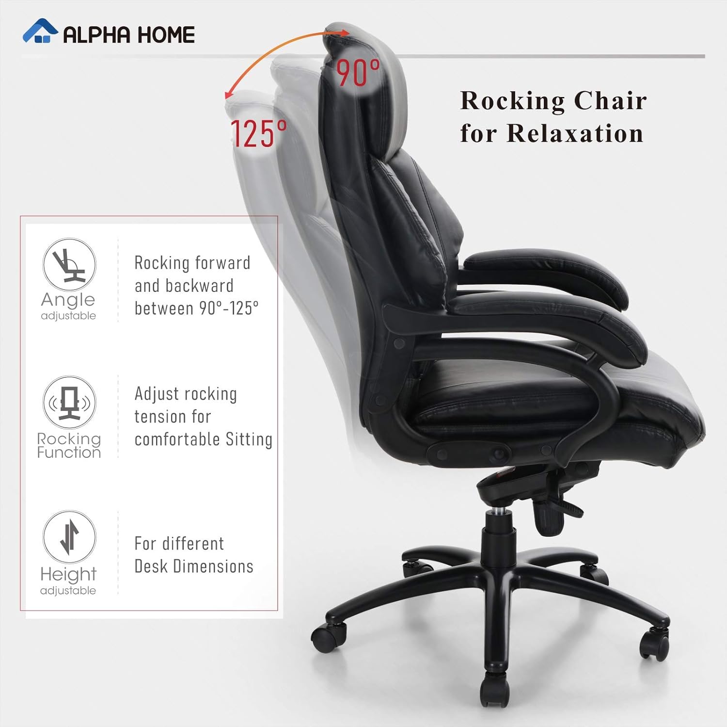 ALPHA HOME Ergonomic Office Chair High Back Executive Chair Managerial Computer Desk Chair with Lumbar Support Big Tall Adjustable Height Rolling Swivel Chair with Caster Black -Capacity 400 lbs: Kitchen & Dining