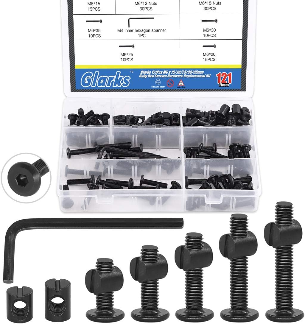 Glarks 120Pcs M6x15/20/25/30/35mm Black Hex Socket Cap Bolt and Barrel Nut Assortment Kit with a Allen Wrench for Crib Baby Bed Cots Furniture