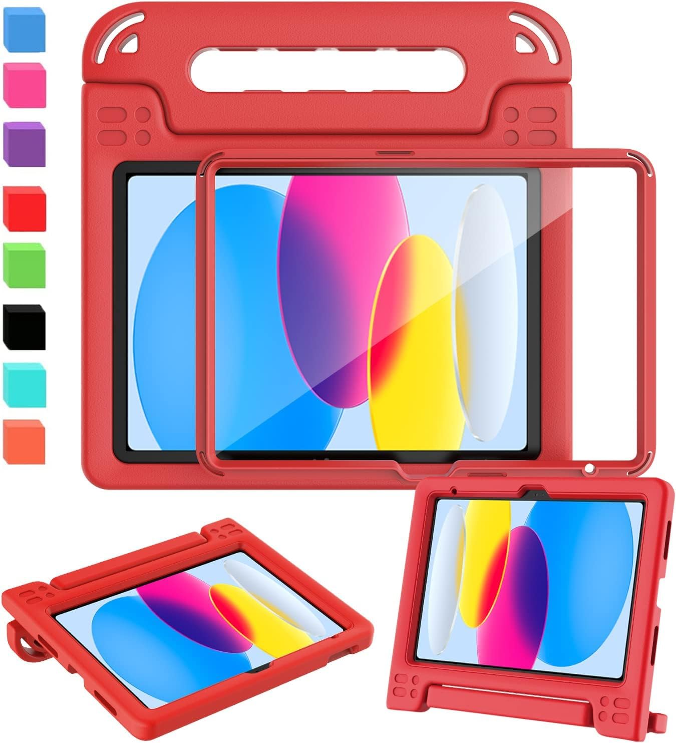 SINSO Case for iPad (A16) 11th Generation 11 Inch 2025/iPad 10th Generation 10.9 Inch 2022, Built-in Screen Protector, Shockproof Light Weight Kids ipad Cover with Handle/Stand, Red