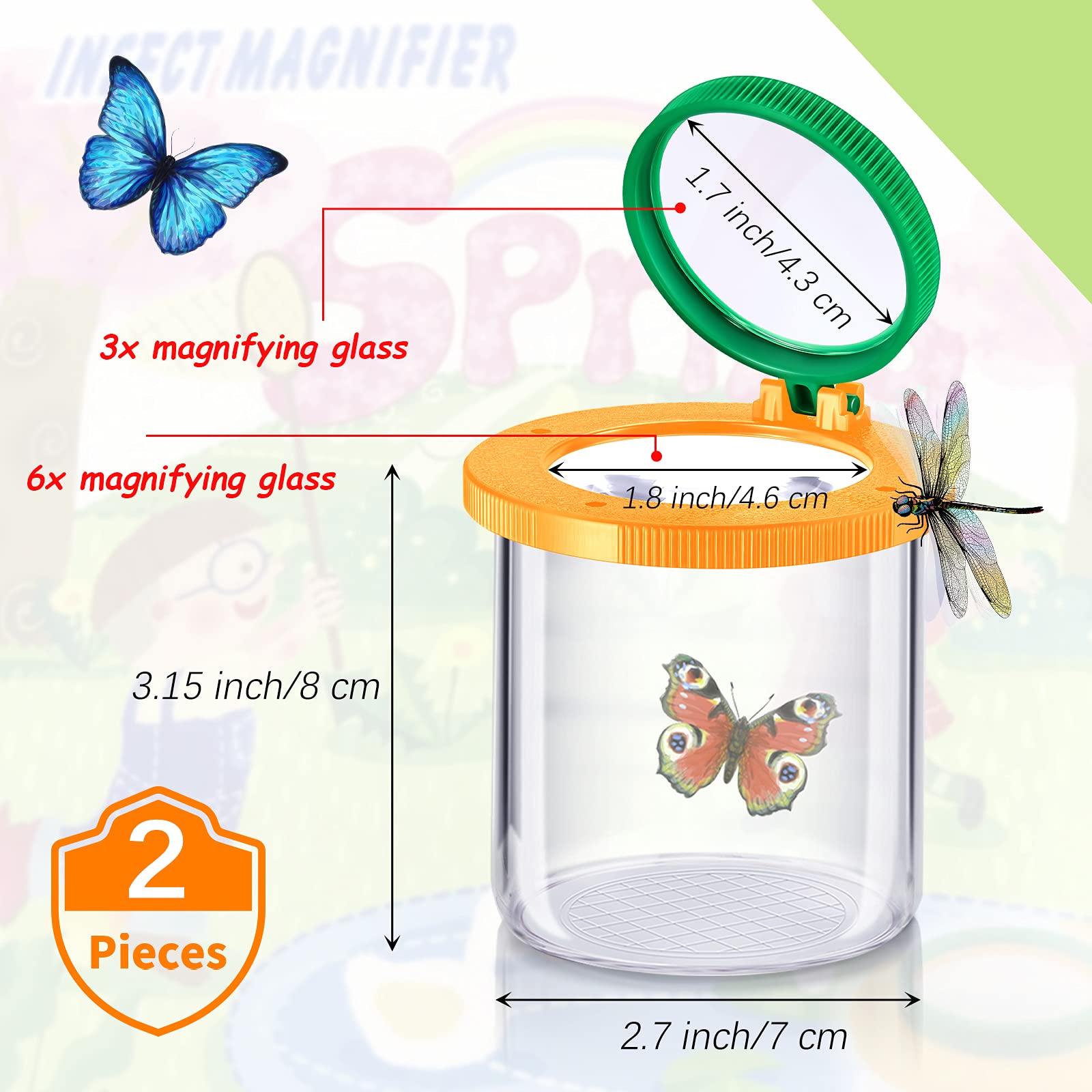 Skylety 2 Pieces Bug Jars Insect Viewer Catcher Bug Magnifying Insect Cage Container for Kids Children Science Nature Exploration Tool(Red,Yellow)