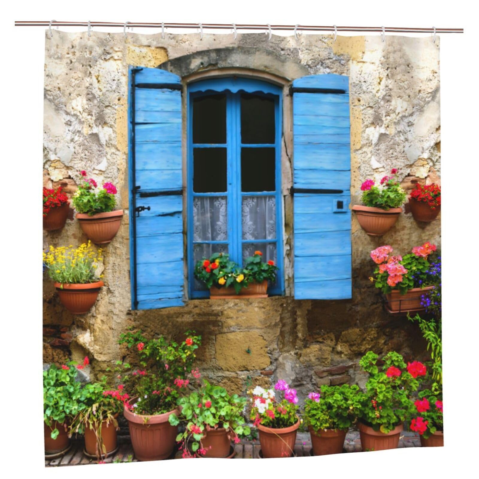 Newhomestyle Garden Blue Window Flowers Shower Curtain, 3D Waterproof European Outdoor Garden Decoration, Quick-Drying Polyester Fabric Bathroom Curtain with 12 Hooks, 180X180cm/ 71X71 in — image 1