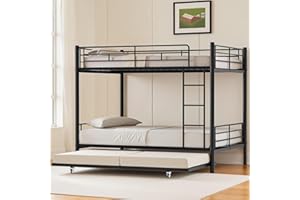 Feetice Full Over Full Bunk Bed with Trundle, Heavy Duty Full Bunk Bed, Convertible 3-in-1 Metal Bed Frame with Full-Length Guardrails & Ladder, Noise Free, No Boxing Spring Needed, Black