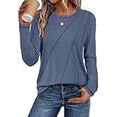 ATHMILE Womens Long Sleeve Shirts Pleated Crew Neck Casual Fall Fashion Ladie Tops Loose Fit Spring Clothes Beach Vacation