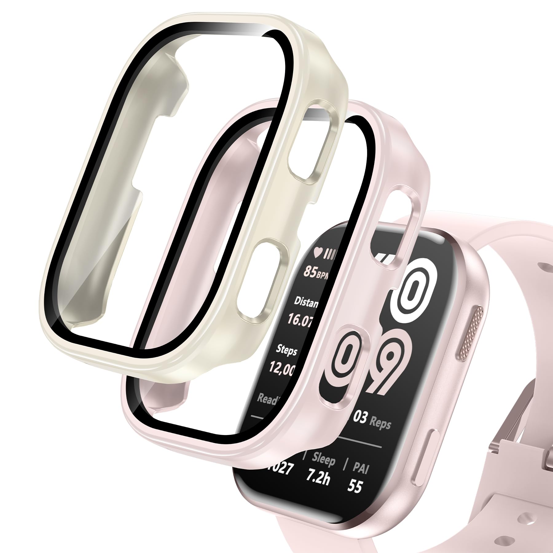 EWUONU 2 Pack Compatible with Amazfit Bip 6 Case, Tempered Glass Screen Protector with Hard PC Bumper Cover HD Anti-Scratch Full Protective Cover for Men Women Watch Accessories, Pink+Ivory White