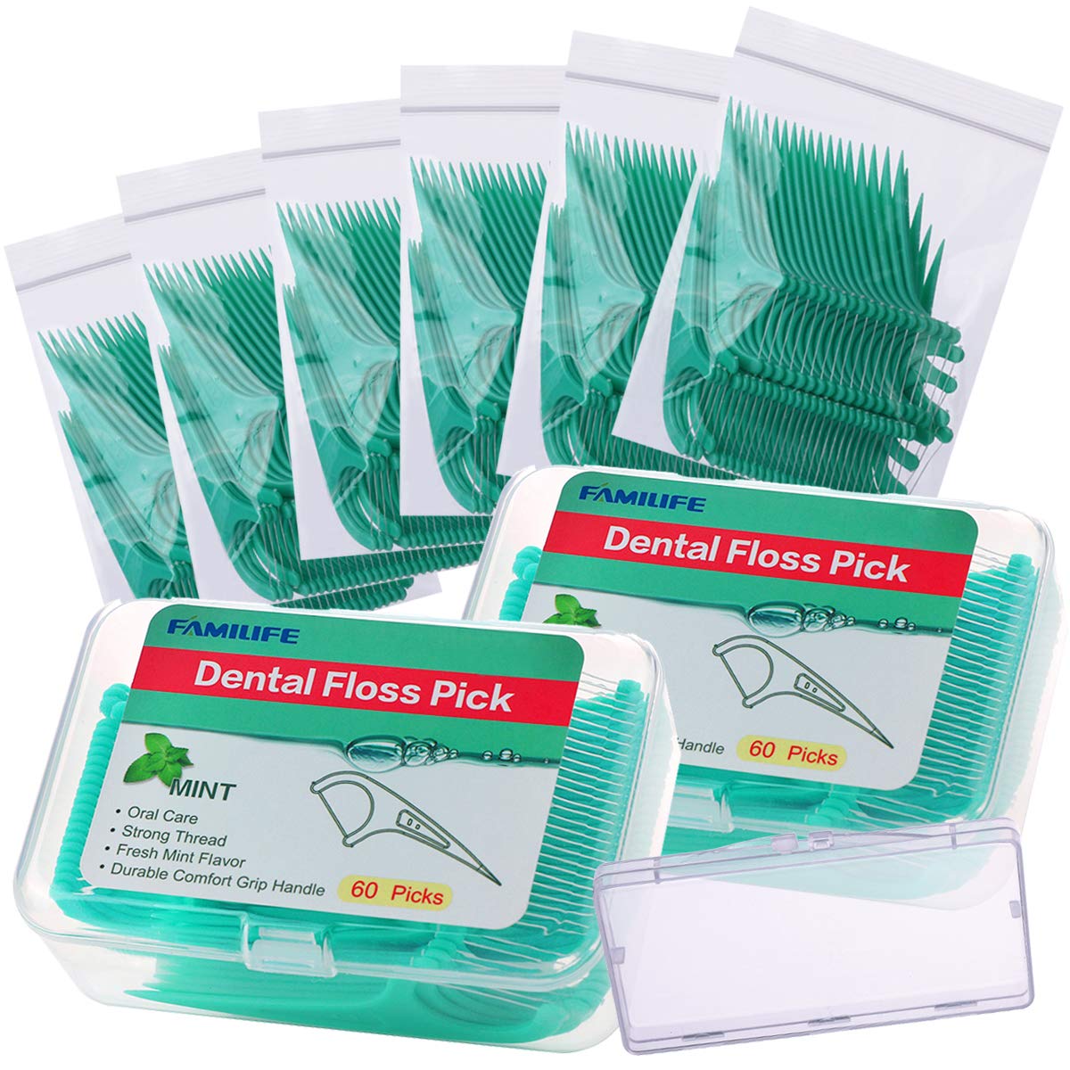 FAMILIFE Dental Floss Picks Mint Flavor with Portable Travel Cases Floss Refill, 420 Count (Pack of 8)