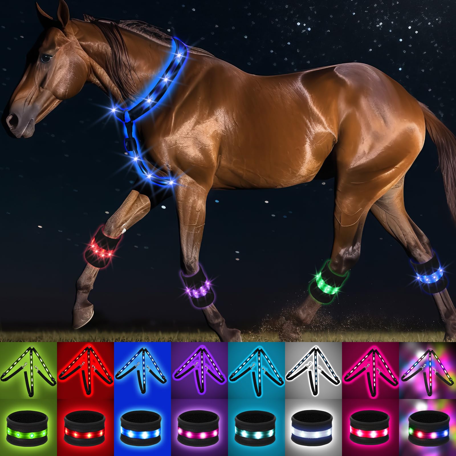 5 Pcs 8 Colors Light up Horse Tack Set Includes 1 LED Horse Breastplate Collar and 4 LED Horse Leg Band USB Rechargeable Equestrian Safety Gear Adjustable Visibility for Night Horse Riding