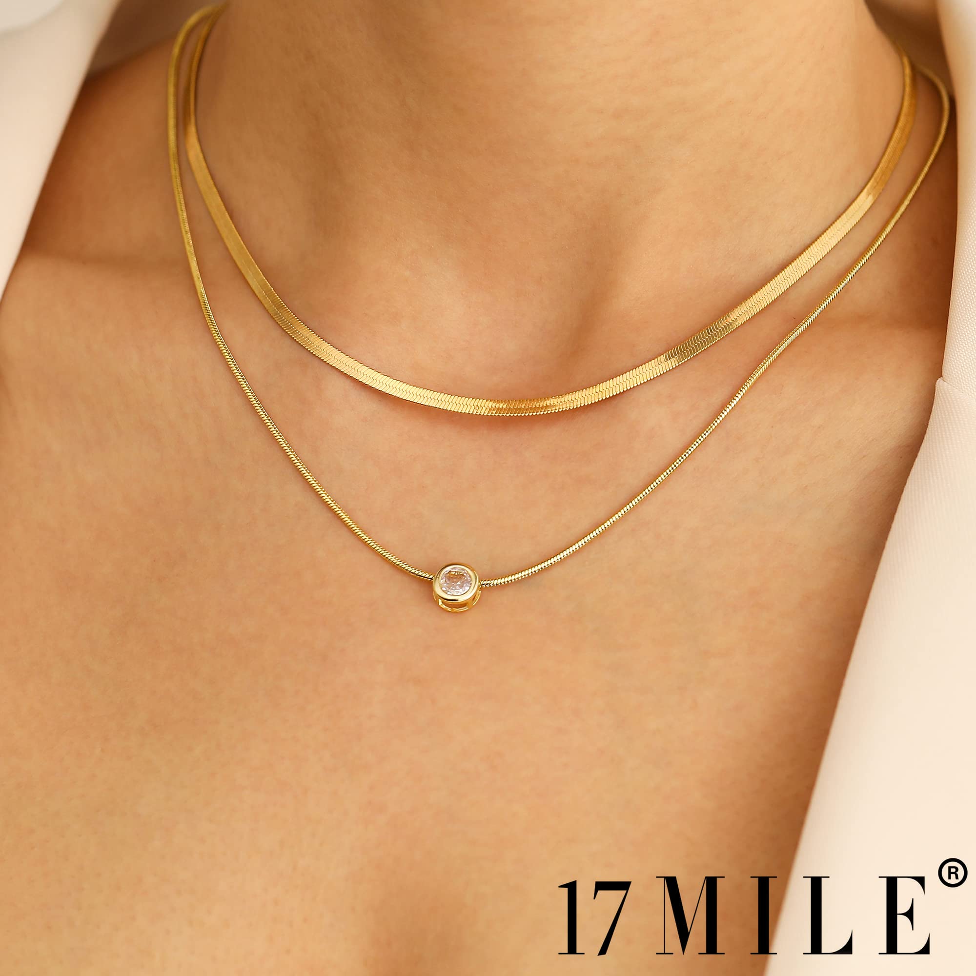 17 MILE Gold Layered Choker Necklace for Women, 14K Real Gold Plated CZ Pendant Necklace, Dainty Flat Snake Chain Layering Necklace for Gift