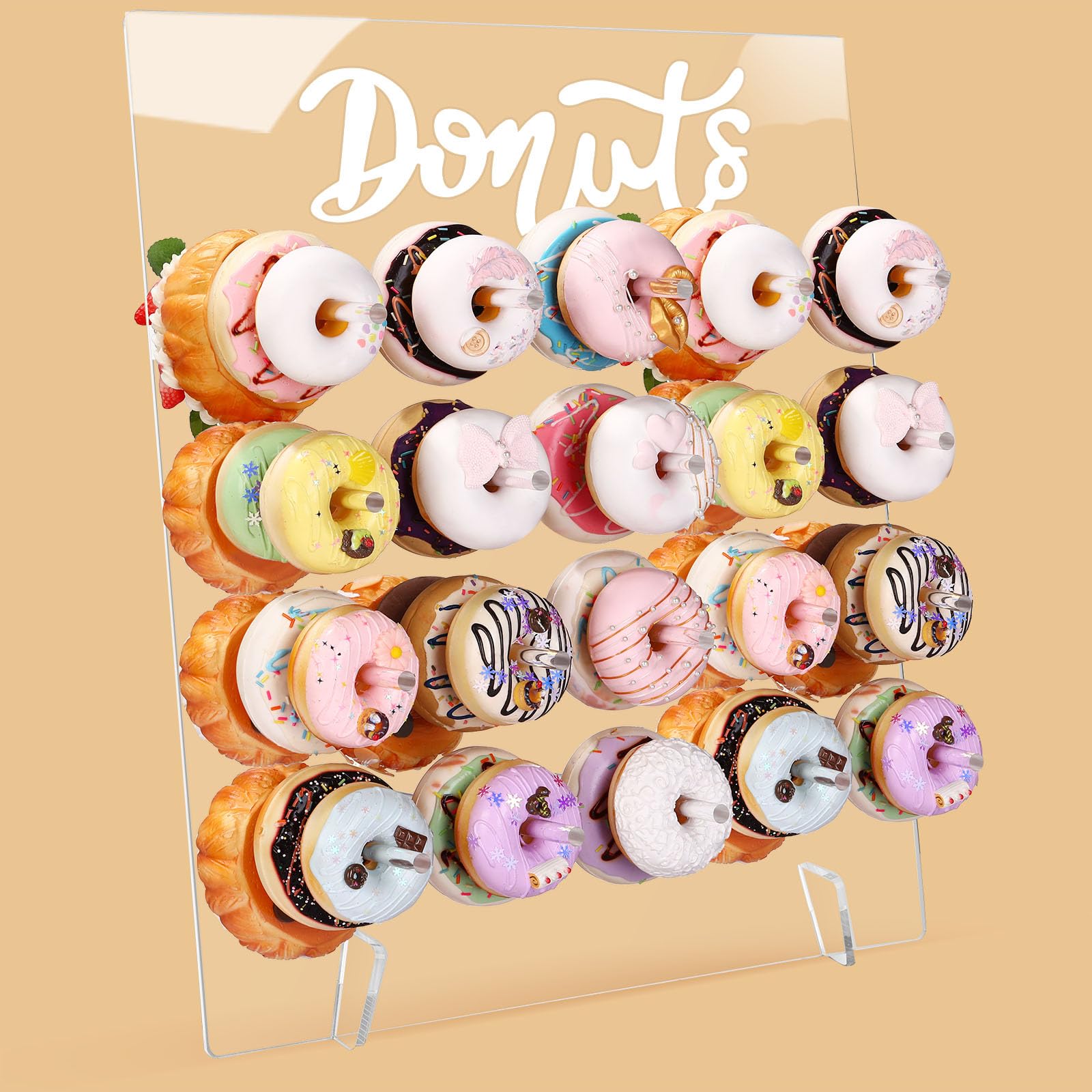Photo 1 of Yiyiring 20 Peg Donut Display Stand Acrylic Reusable Donut Holder Board 17.7 x 15 Inch Doughnut Board for Dessert Table Doughnut Birthday Party Decorations for Grow up Party Wedding Bridal Shower