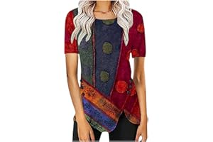 DOVFORD Tunic Tops for Women Loose Fit Dressy Short Sleeve Blouse Casual Floral Print T Shirt Summer Trendy Irregular Hem Tee