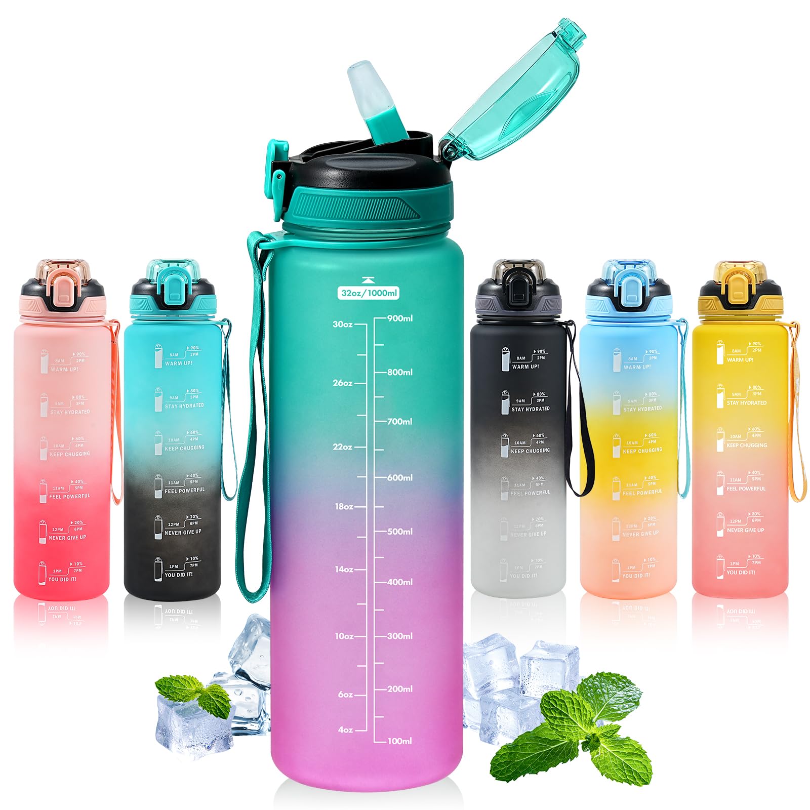SEASEVEN Water Bottle with Straw 1L,Boys Water Bottles with Straw 1 Litre,Waterbottle Leak-Proof Sports Water Bottle,Plastic Drinks Bottles Toxin Free，Bpa-Free (Gradient Green-Pink) — image 1