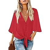 luvamia Women's Casual V Neck Tops 3/4 Sleeve Tie Knot Blouses Solid Button Down Shirts